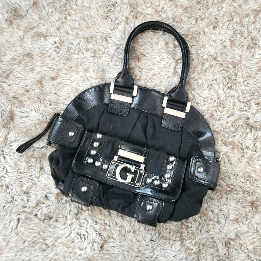 Guess Vintage Y2K Black Faux Leather‎ Silver Studded Handbag